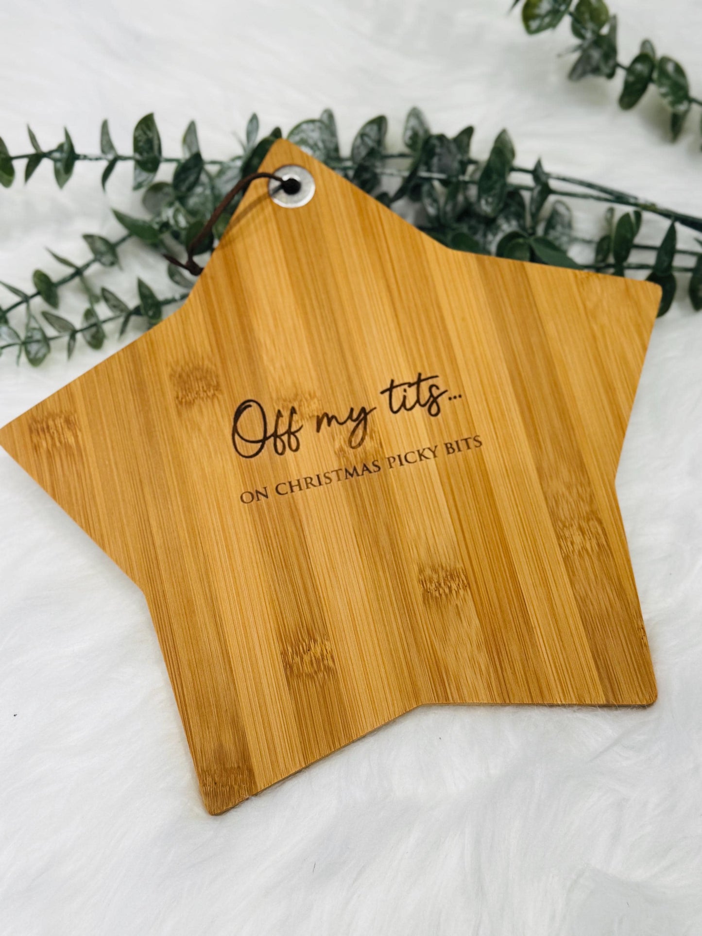 Engraved bamboo star shaped serving/ chopping board. Off my tits on picky bits serving board. funny snack - cheese board.