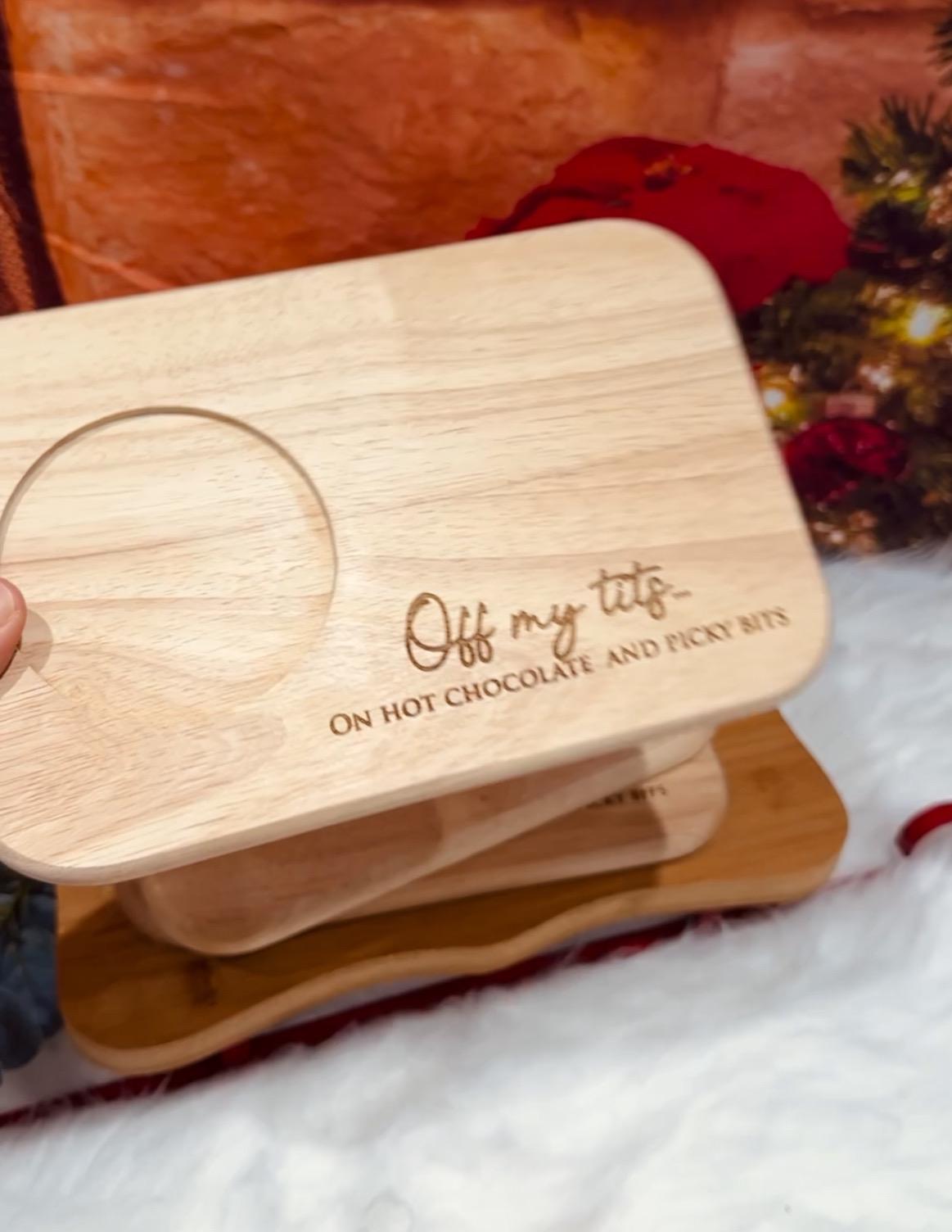 Personalised engraved snack and drink board off my tits on picky bits tray