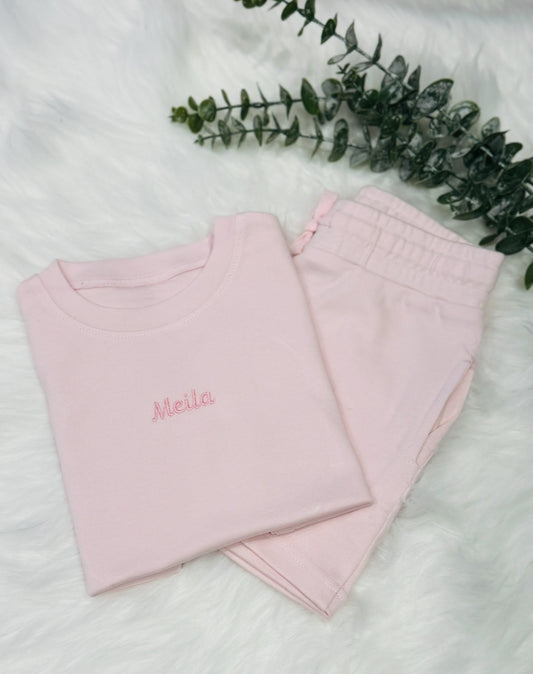 Kids cotton embroidered T-shirt and short set - Pink