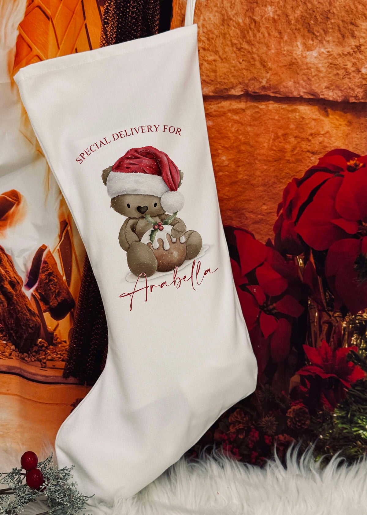 Personalised Christmas Stocking - Bear Christmas Pudding Design