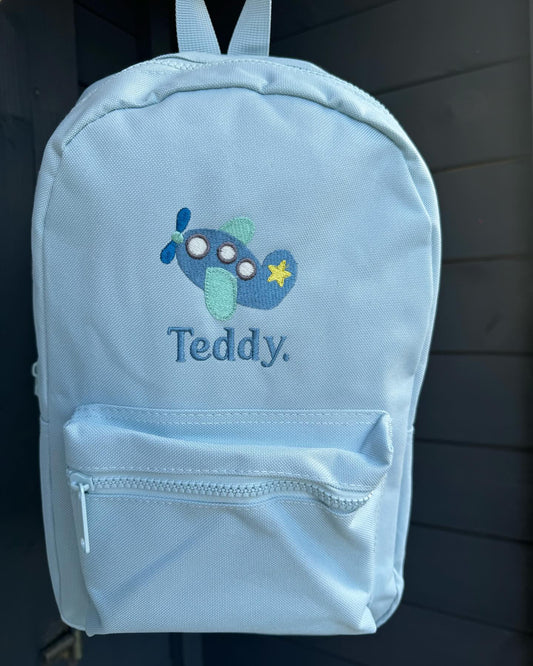 Embroidered Aeroplane & Name Kids Backpack