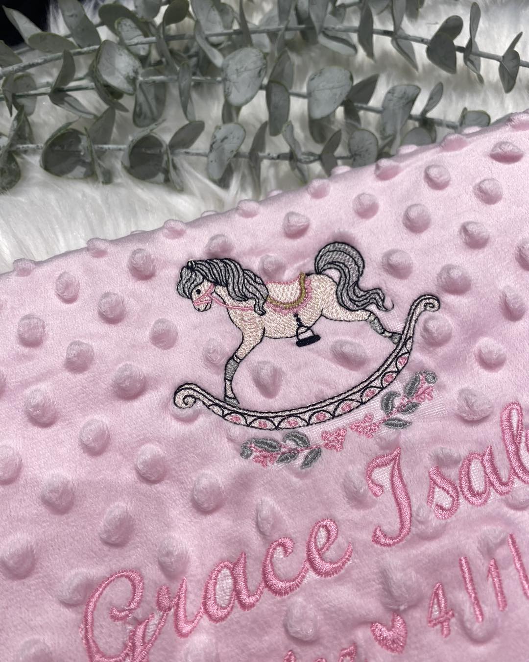 Embroidered Baby Blanket With Rocking Horse Design & Name