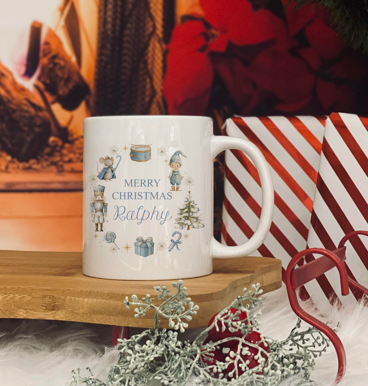 Personalised 11oz Christmas Mug -Blue Wreath Design