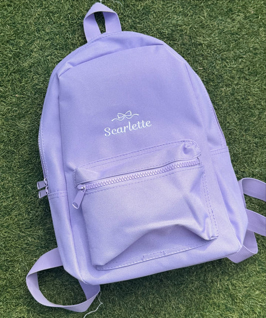 Embroidered Bow & Name Lilac Back pack