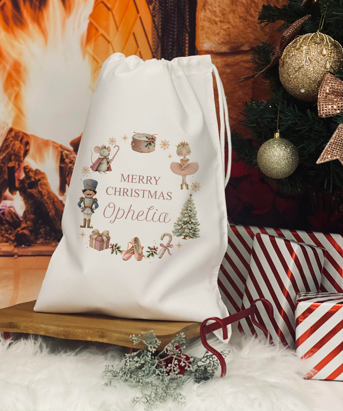 Personalised Christmas eve bag - Pink Wreath Design