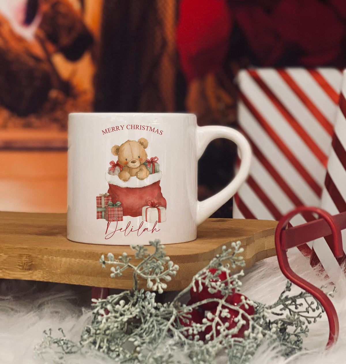 Personalised Bear in a Christmas Sack design 6oz  kids ceramic mug