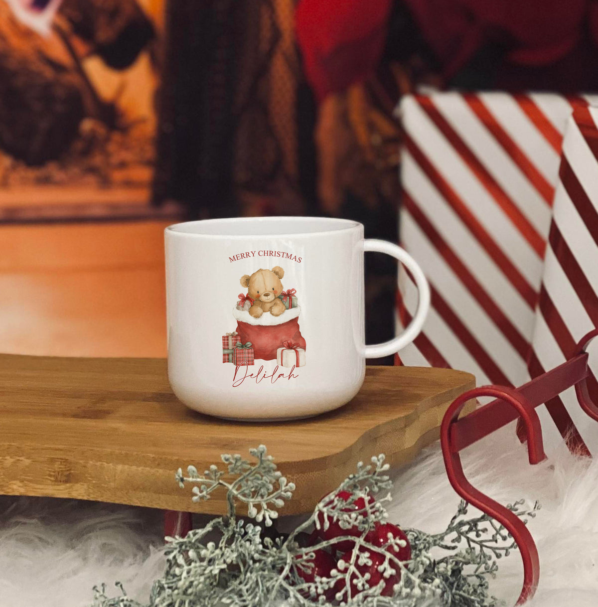 Personalised Bear in a Christmas Sack Design 6oz unbreakable kids mug