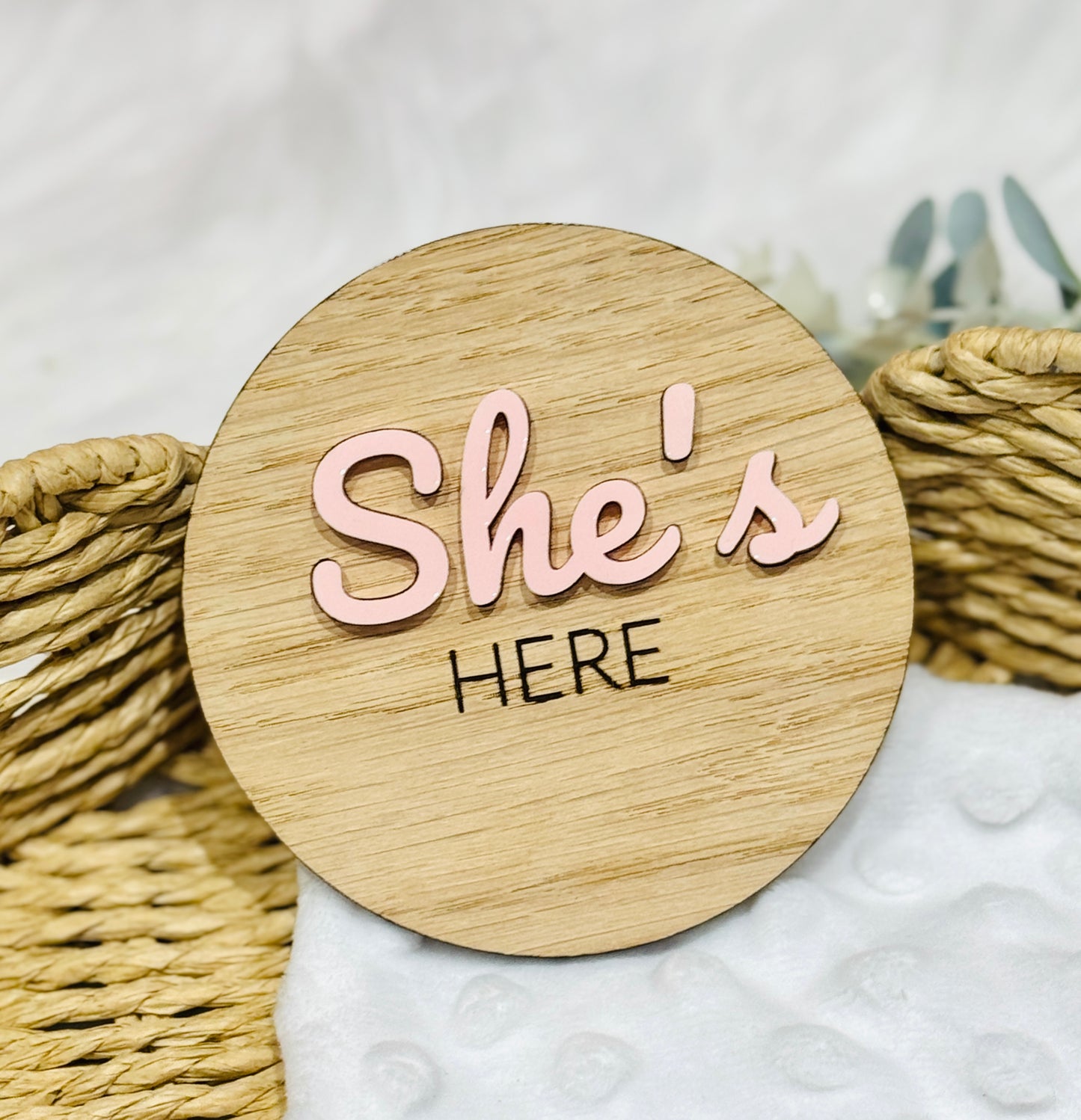 She's Here baby announcement photo prop.
