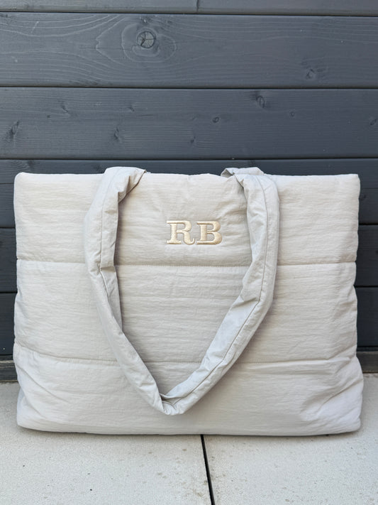 Personalised quilted tote bag embroidered with initials - Stone