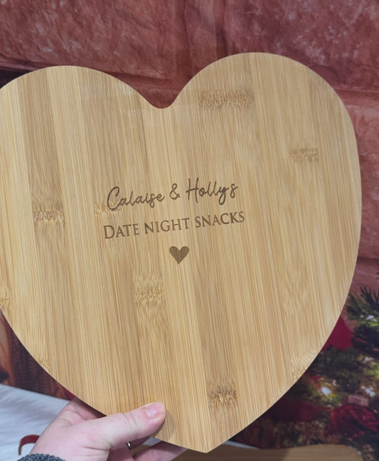 Personalised date night snacks engraved bamboo heart board