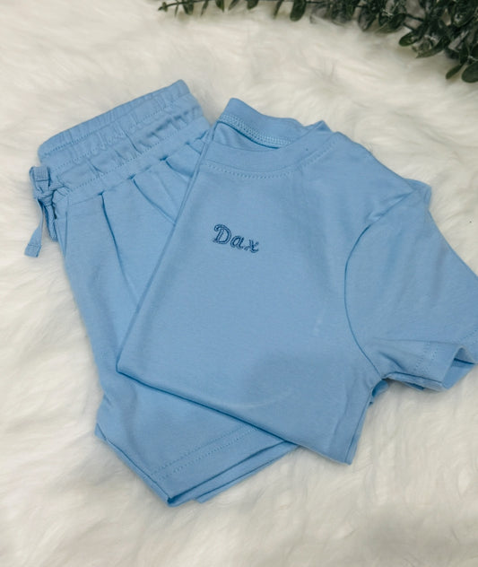 Kids cotton embroidered T-shirt and short set -Blue