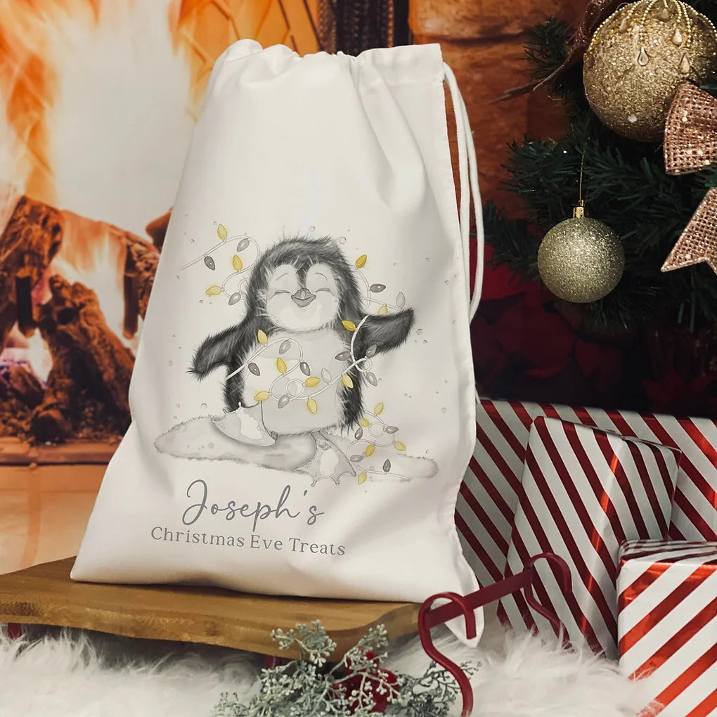 Personalised Christmas Eve Bag. christmas penguin design