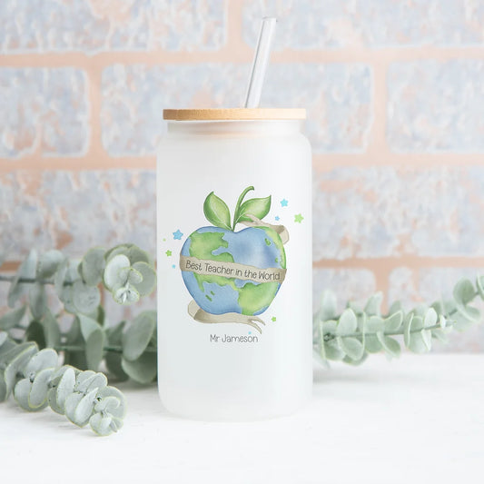 Personalised can Glass Tumbler With Straw and bamboo lid. Teacher gift