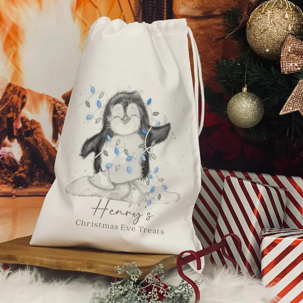 Personalised Christmas Eve Bag. christmas penguin blue lights design