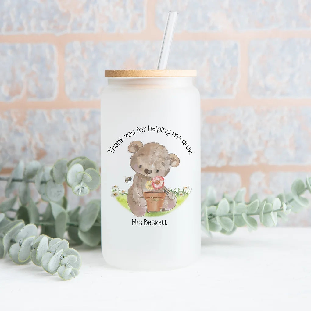 Personalised can Glass Tumbler With Straw and bamboo lid. Teacher gift