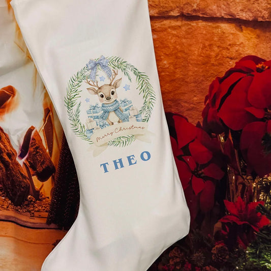 Personalised Christmas Stocking -  Reindeer- Blue  design