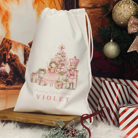 Personalised Christmas Eve Bag. Christmas Nutcracker - Pink design