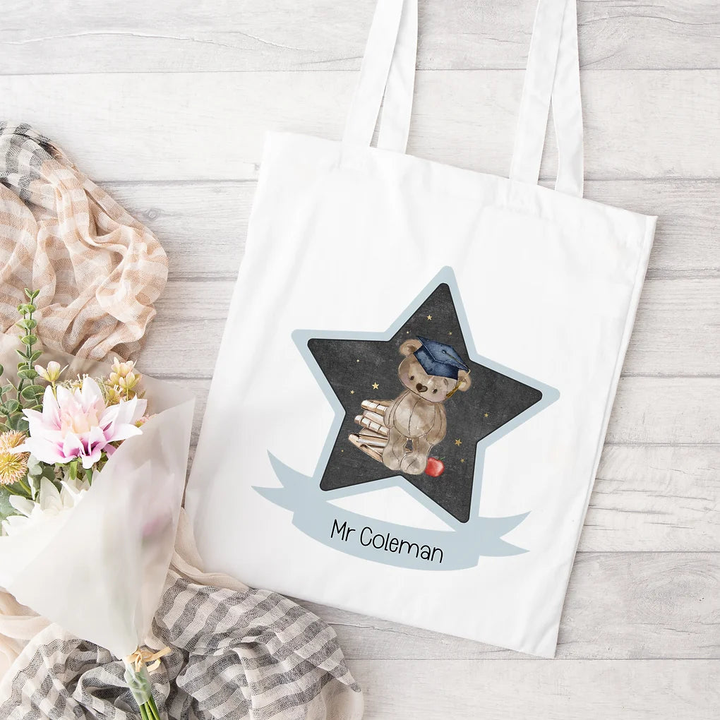 Personalised Teacher Gift - Tote bag - Adorable bear design - blue.