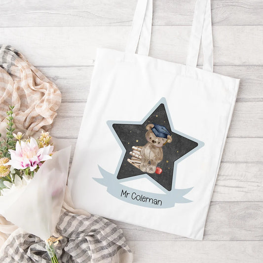 Personalised Teacher Gift - Tote bag - Adorable bear design - blue.