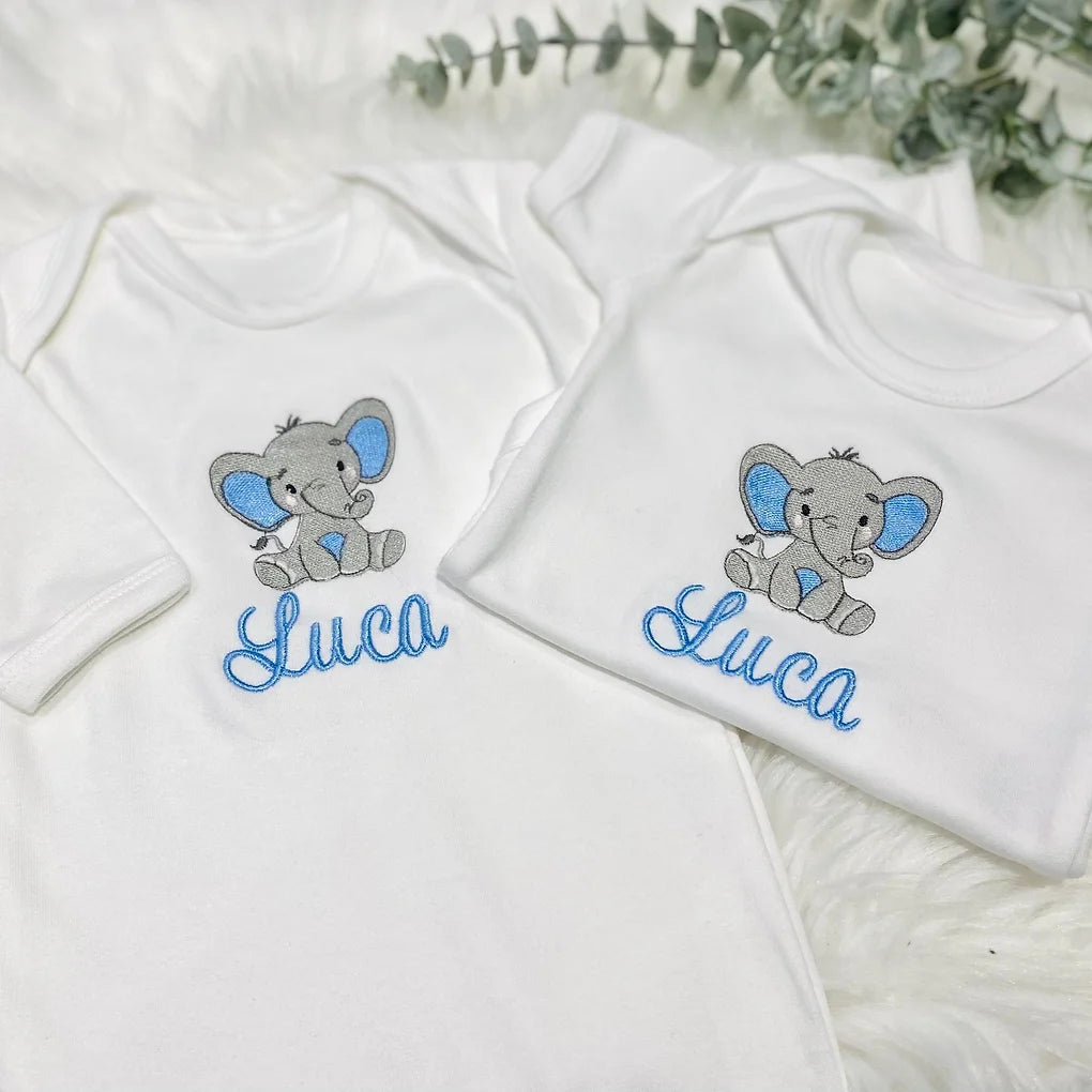Personalised Embroidered Elephant Baby Sleep Suit & Vest Set