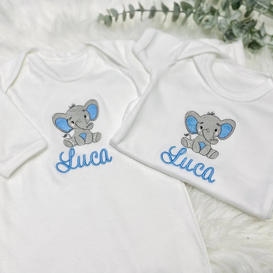 Personalised Embroidered Elephant Baby Sleep Suit & Vest Set