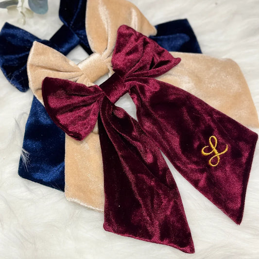 Navy Embroidered initial hair bow