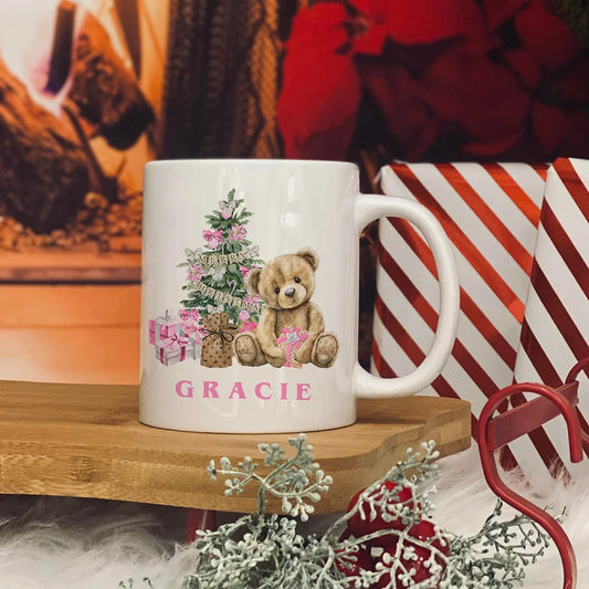 Personalised christmas  mug 11oz - Christmas Bear - Pink Design