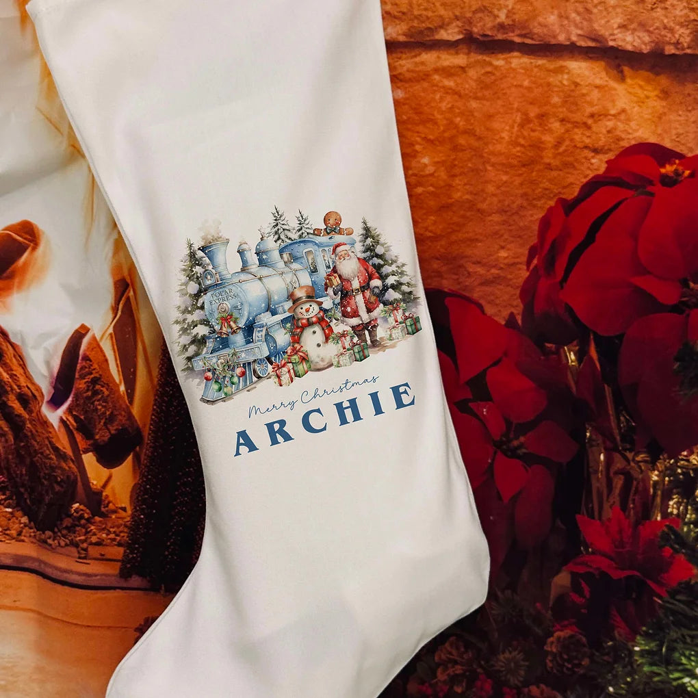 Personalised Christmas Stocking - blue Christmas train  Design.