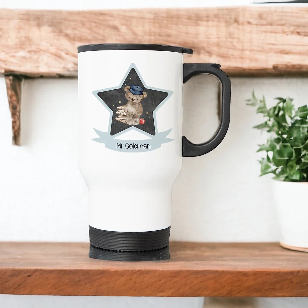 Personalised Travel Mug - Teacher Bear Design -blue