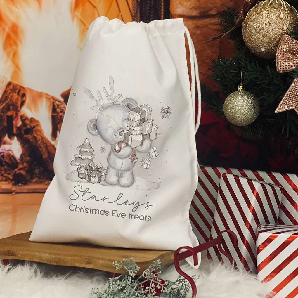 Personalised Christmas Eve Bag. Christmas Reindeer Bear  design
