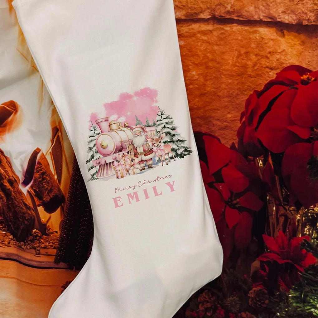 Personalised Christmas Stocking - pink Christmas train  Design.