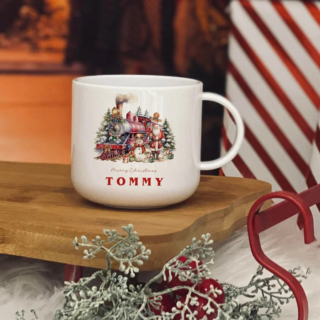 Personalised   christmas train  6oz unbreakable kids mug red
