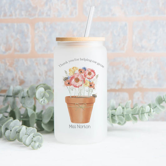 Personalised can Glass Tumbler With Straw and bamboo lid. Teacher gift