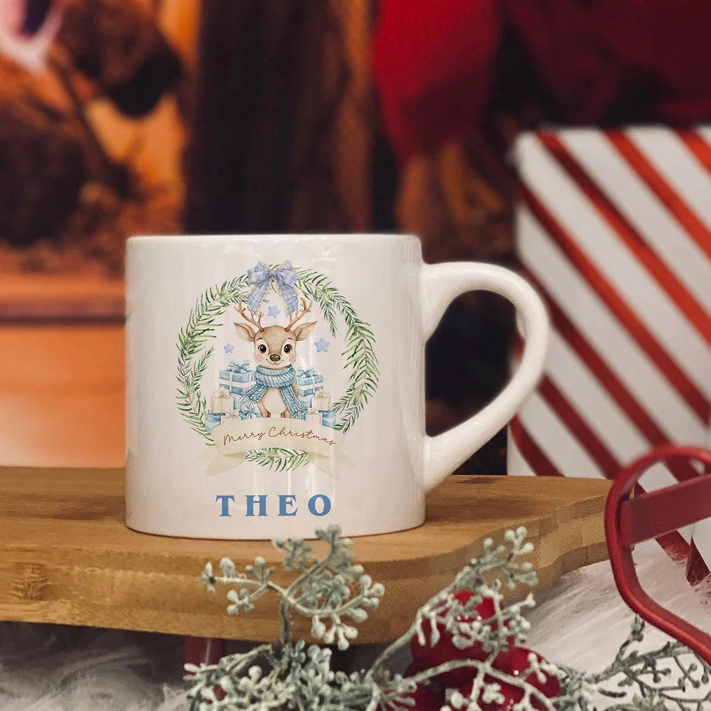 Personalised  christmas  Reindeer - blue design 6oz  kids ceramic mug