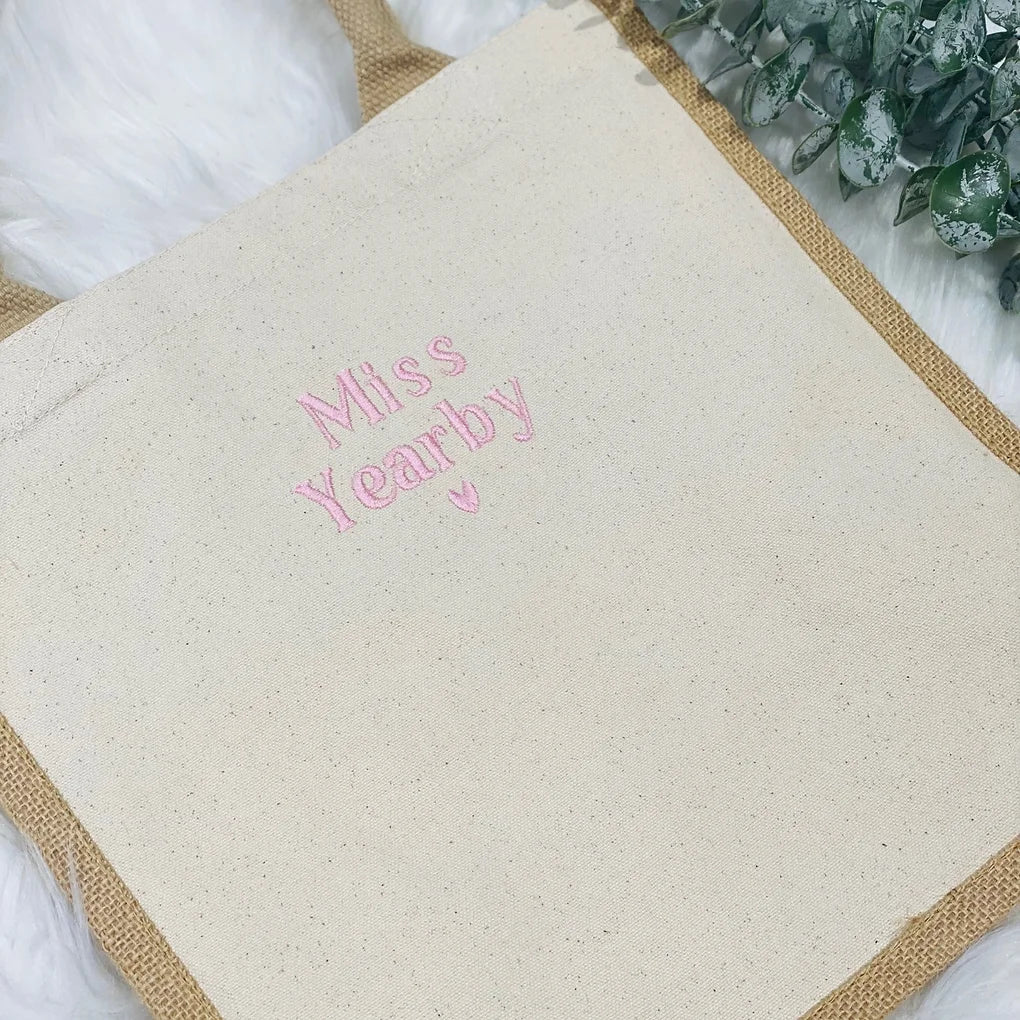 Personalised jute shopper tote bag - embroidered.