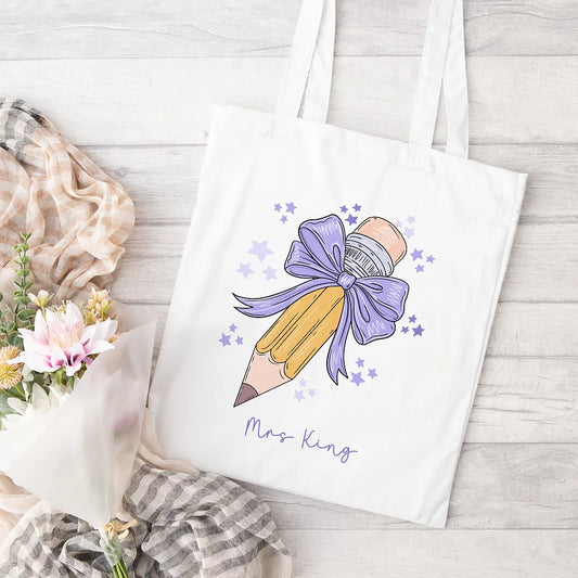 Personalised Teacher Gift - Tote bag - Bow Pencil Design