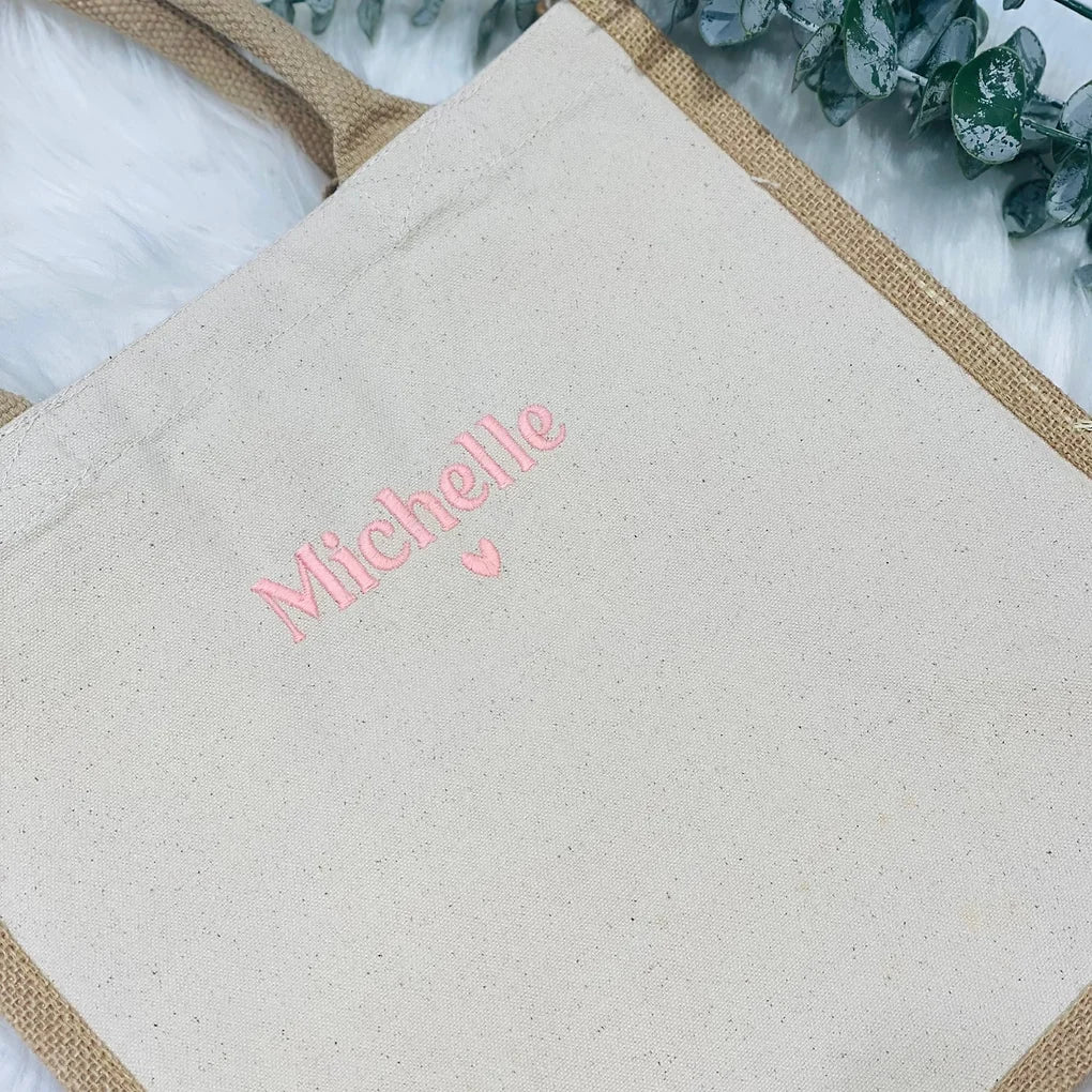 Personalised jute shopper tote bag - embroidered.