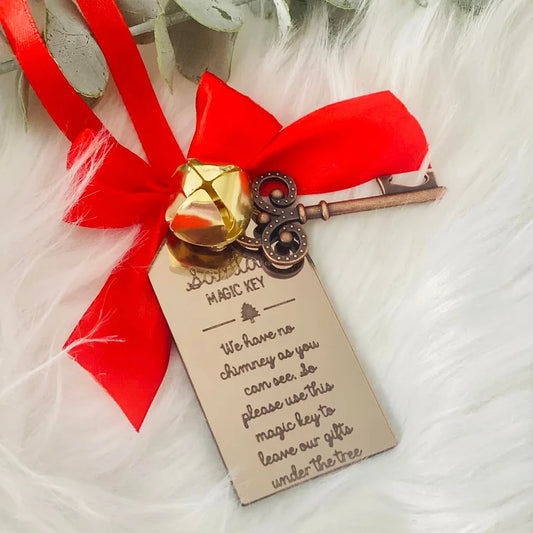 Santas Magic Key, with mirrored acrylic engraved tag, gold style bell & red bow.