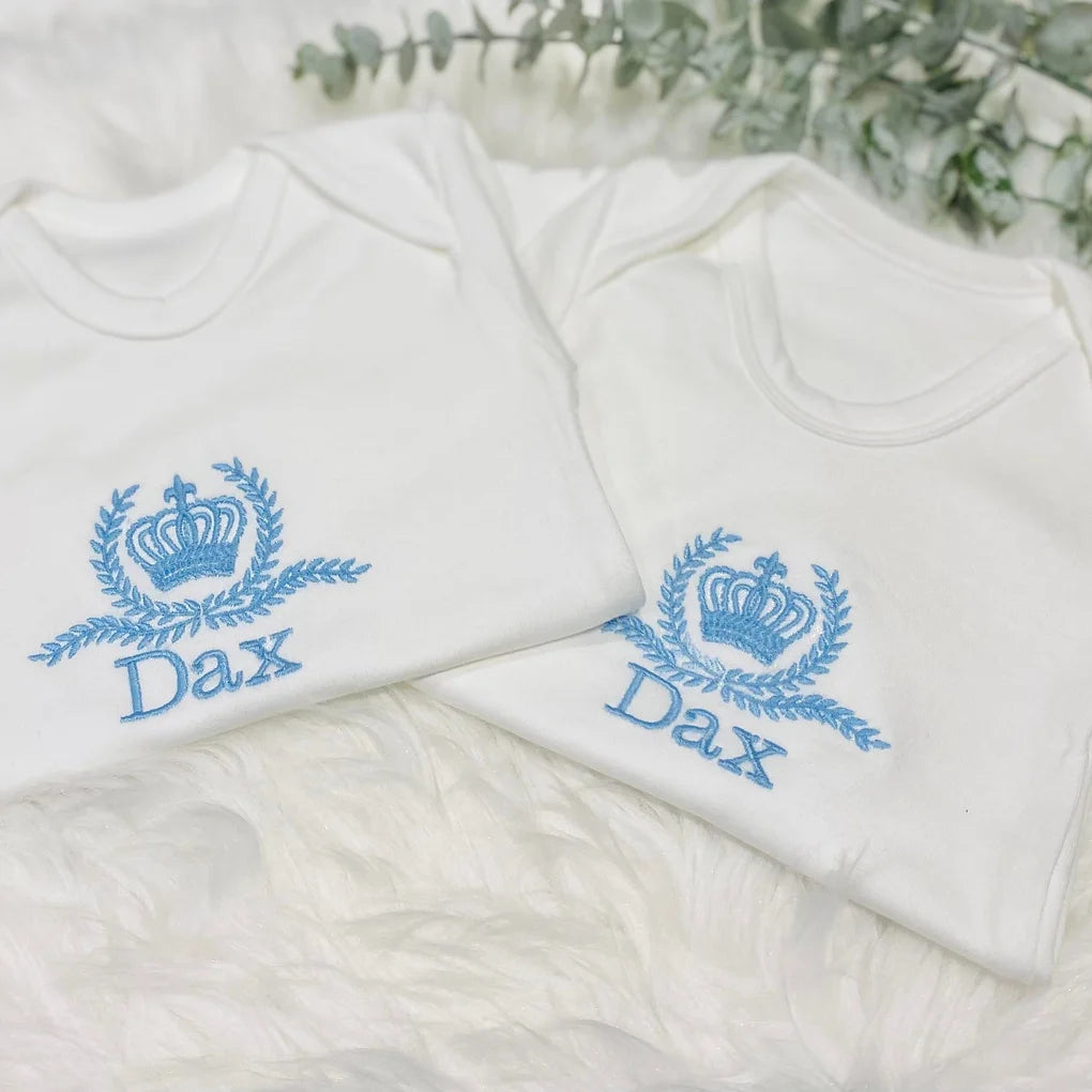 Personalised Embroidered Crown Baby Sleep Suit & Vest Set