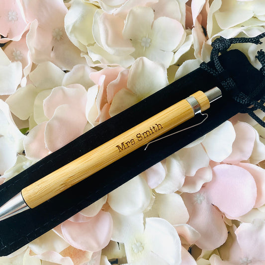 Personalised Engraved Bamboo Pen with black pouch