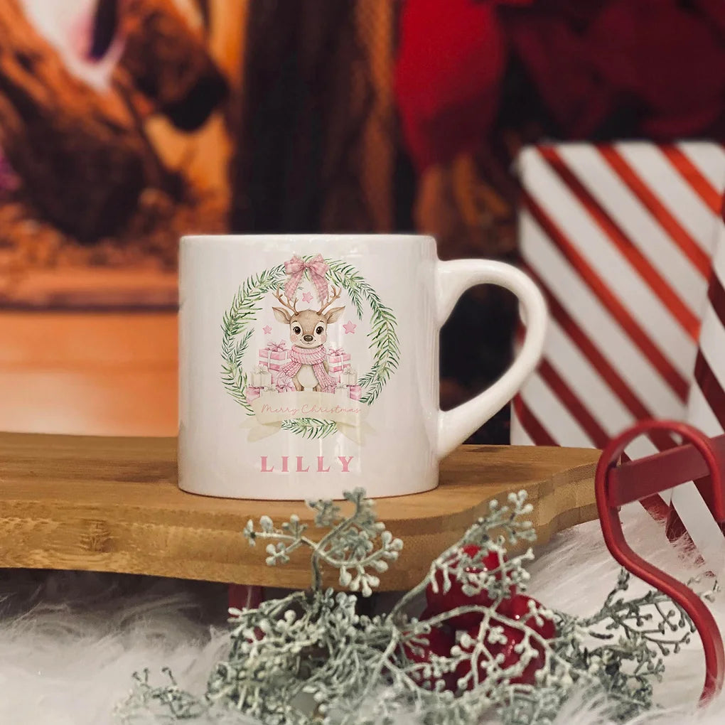 Personalised  Christmas Reindeer- Pink design 6oz  kids ceramic
