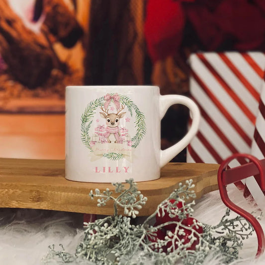 Personalised  Christmas Reindeer- Pink design 6oz  kids ceramic