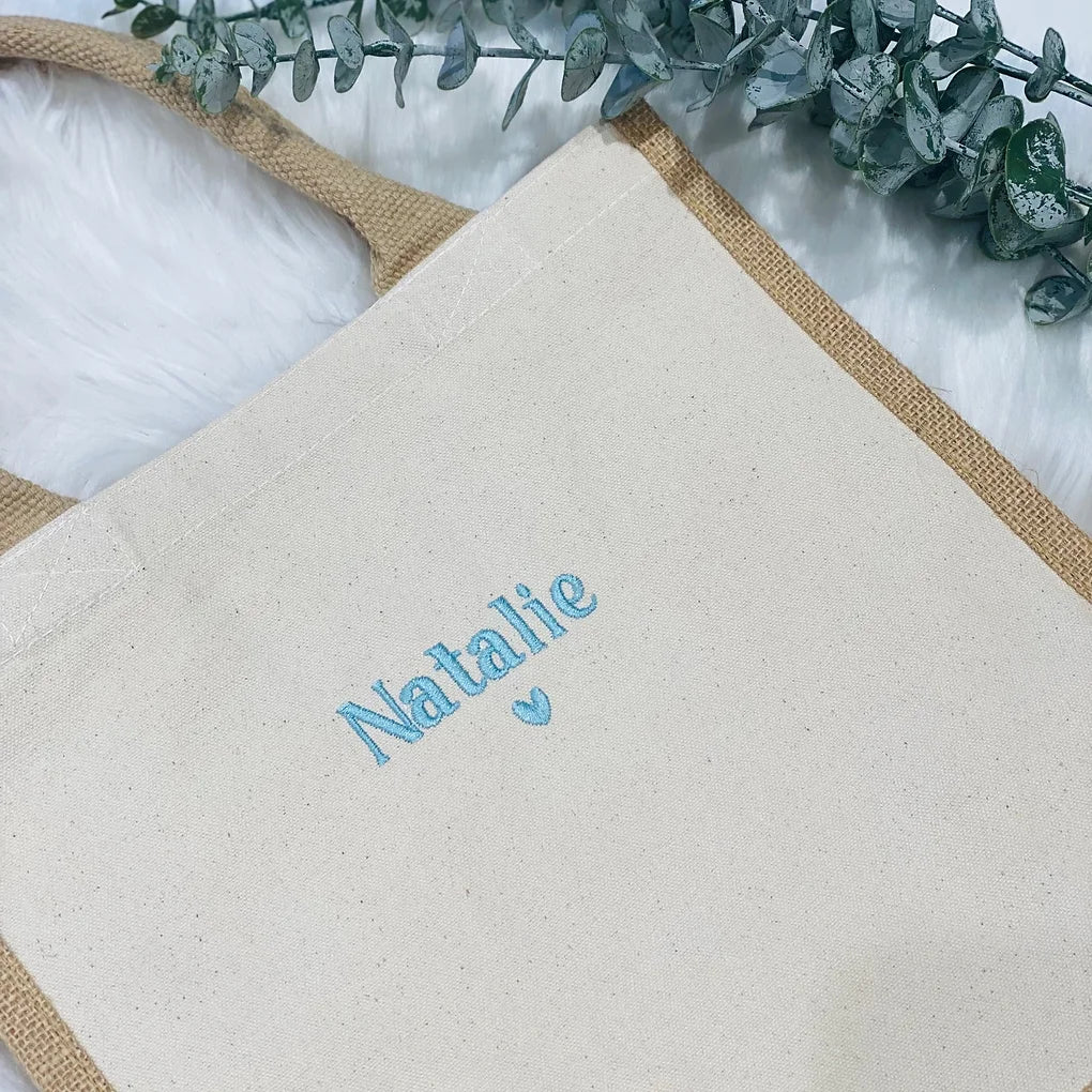 Personalised jute shopper tote bag - embroidered.