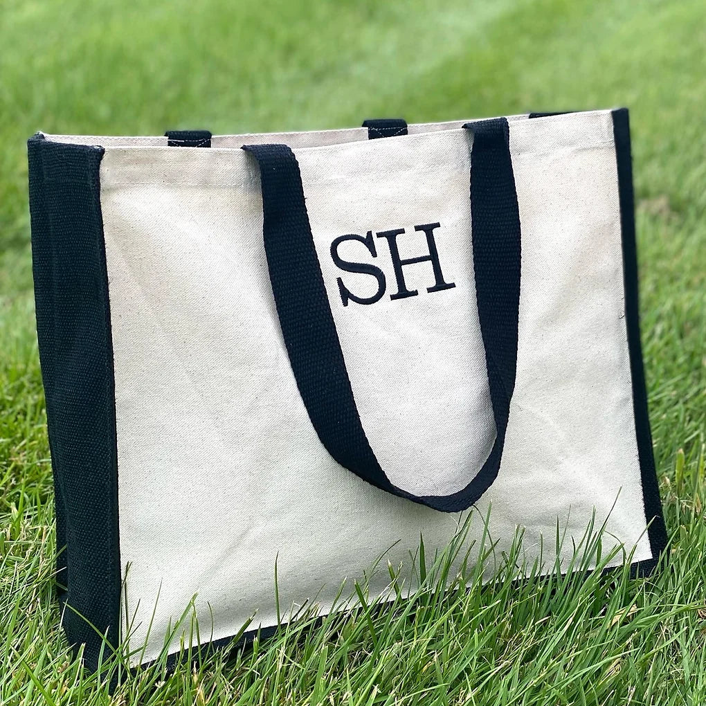 Embroidered initial jute and canvas shopper bag