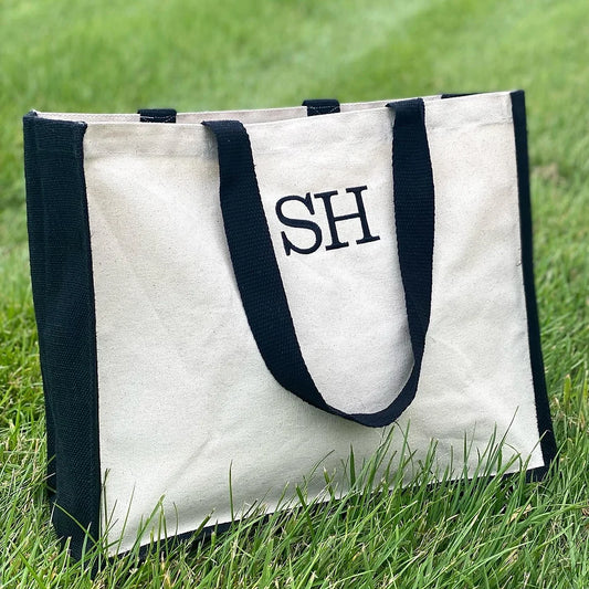 Embroidered initial jute and canvas shopper bag