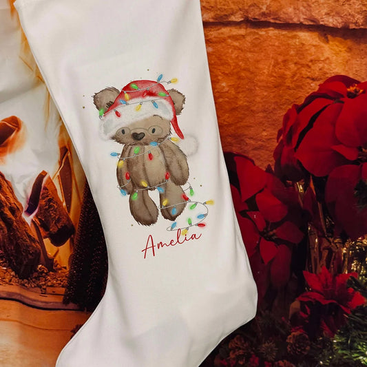 Personalised Christmas Stocking -  bear with lights  design
