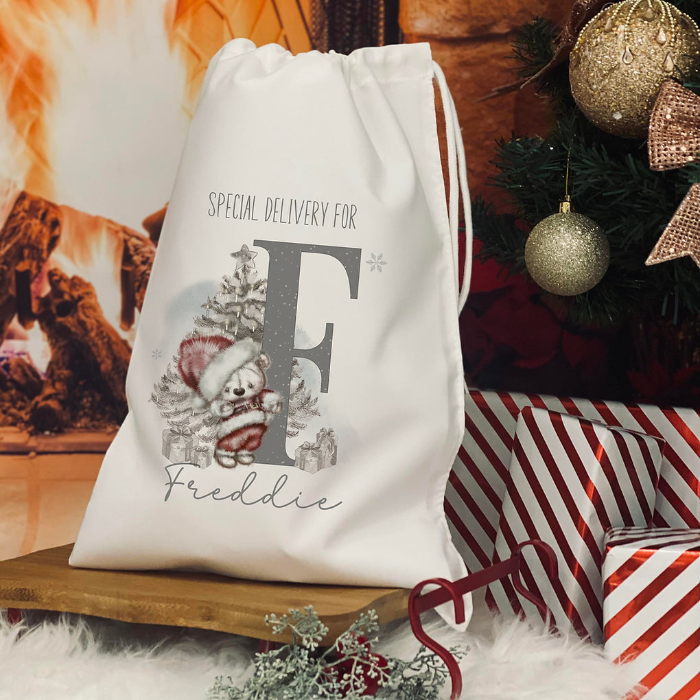 Personalised Christmas Eve Bag. Bear initial design