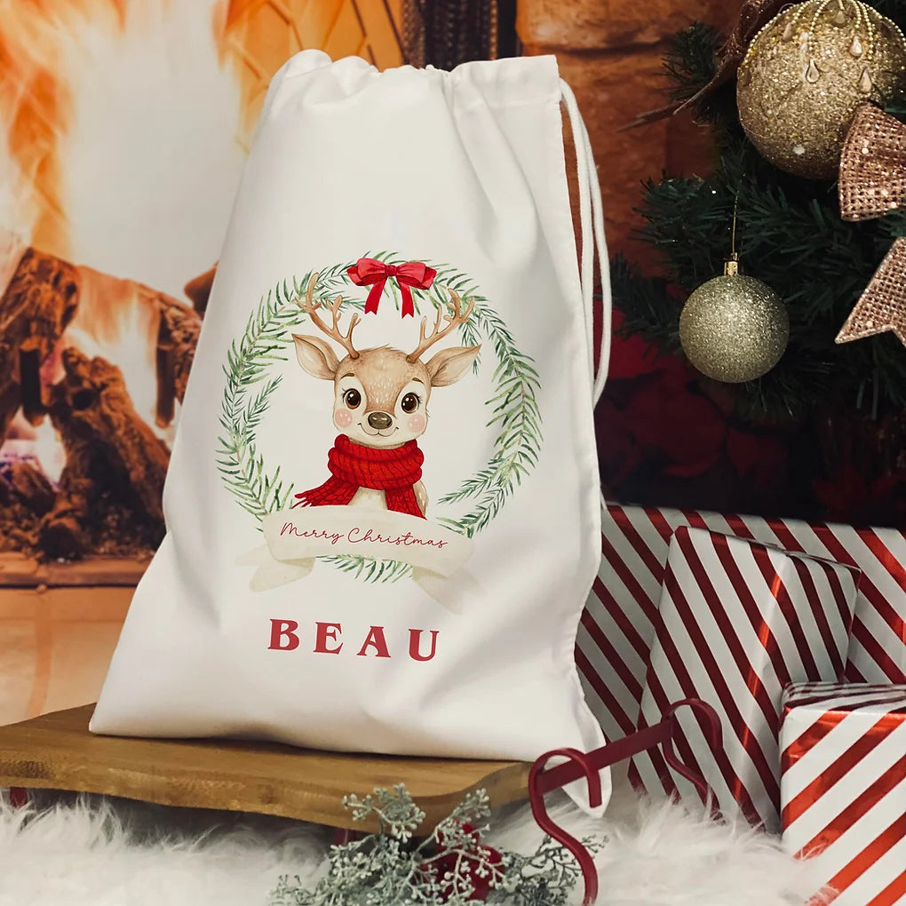 Personalised Christmas Eve Bag. Christmas Reindeer - Red design