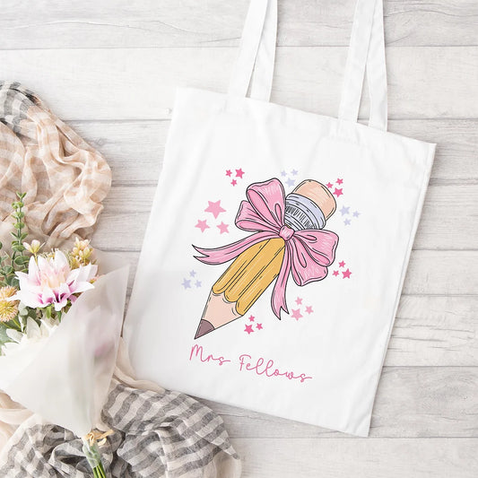 Personalised Teacher Gift - Tote bag - Bow Pencil Design
