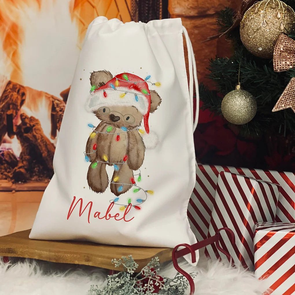 Personalised Christmas Eve Bag. christmas bear with lights design